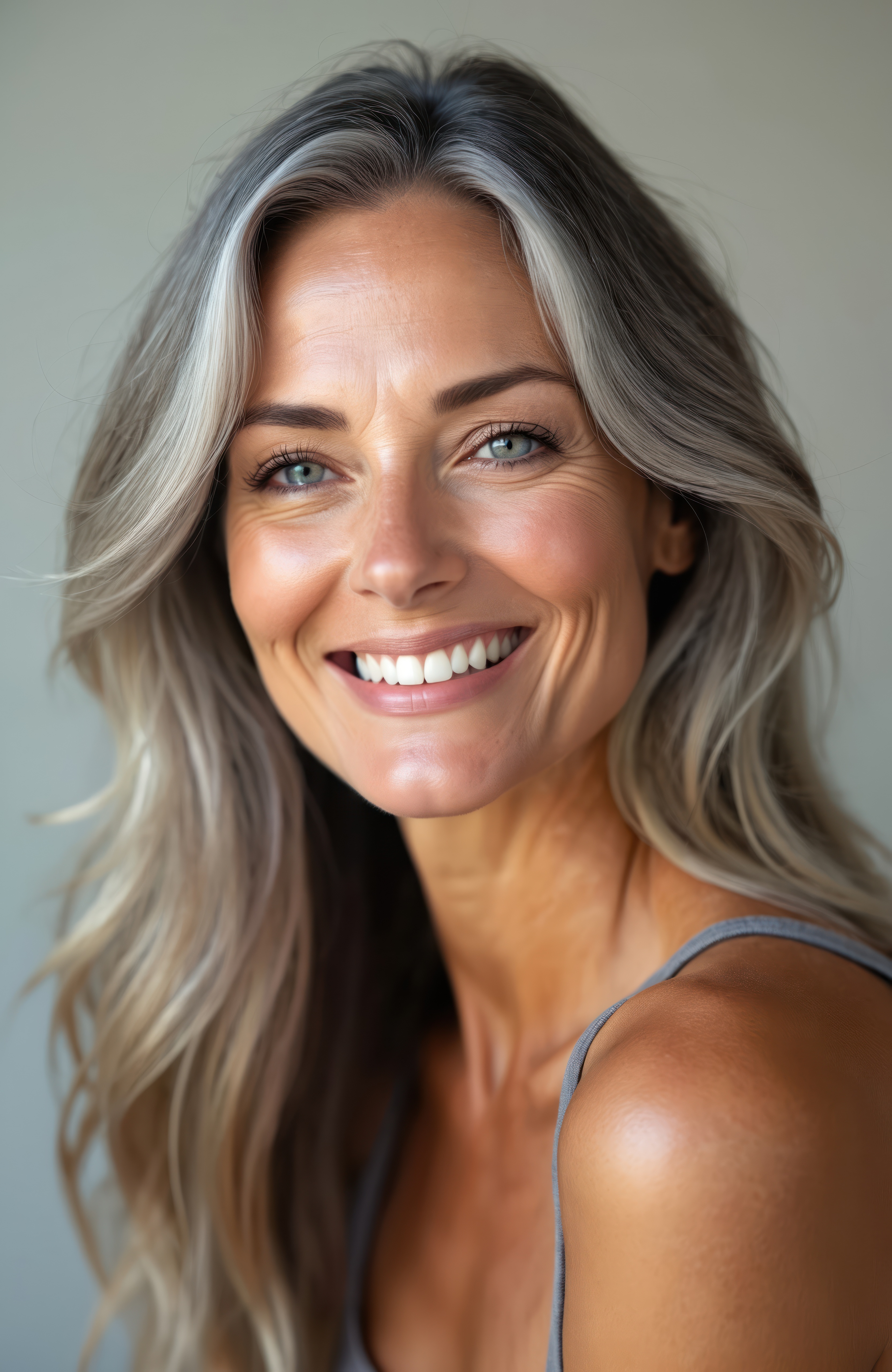 Beautiful adult woman with healthy face skin smiles. Happy mature female with grey hair, clean skin, white teeth. Concept of wellness, cosmetology, anti-ageing treatment, dermatology. Smiling lady
