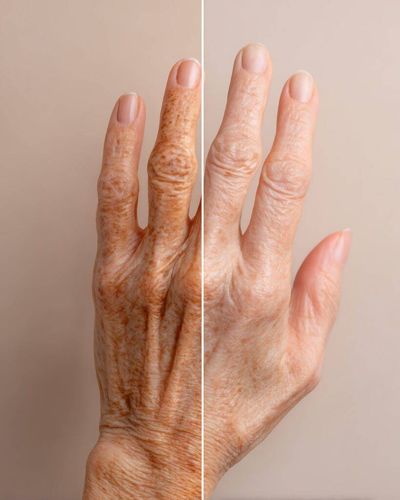 Asian elderly hands Before Skin has dark spots and dryness After Skin looks smooth and moisturised With a soft clinic light