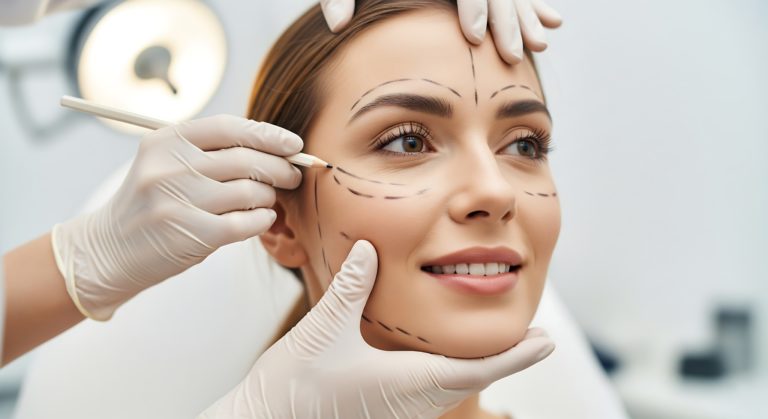 A young woman smiles as a surgeon uses a pen to mark her face for a cosmetic procedure. The markings indicate areas for potential surgery or treatment. Preparation for facial surgery.